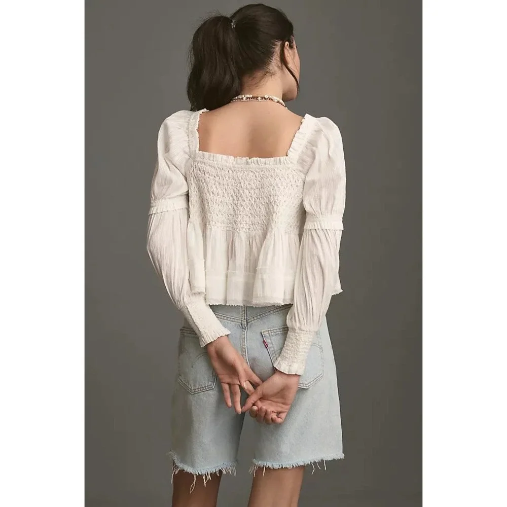 Anthropologie‎ White Smocked Peplum Blouse Square Neck Long Sleeve
